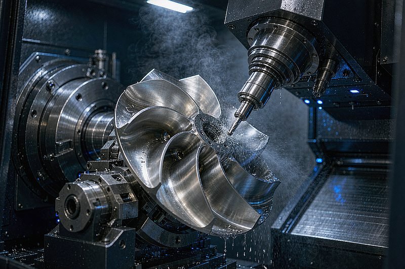5-axis CNC machining an aluminum impeller with ball nose end mill