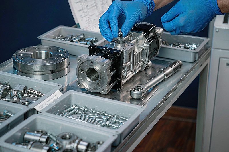Gloved technician assembling CNC machined parts with kit trays and torque wrench