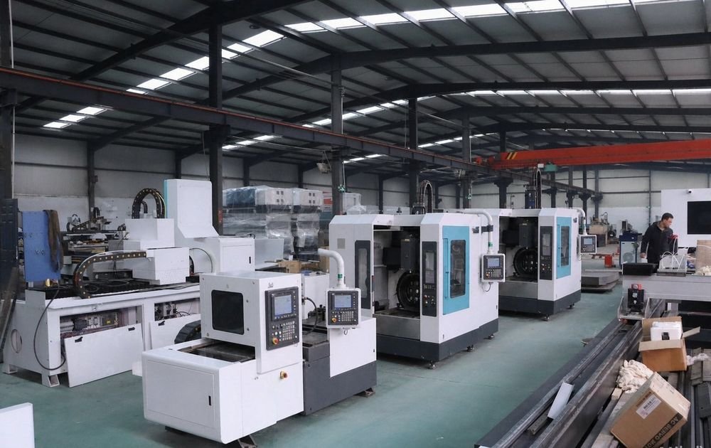 Precision CNC machining workshop with rows of vertical machining centers