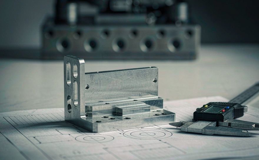Machined aluminum bracket on an engineering drawing with a digital caliper