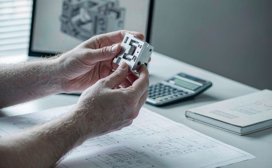 Engineer reviewing a CNC machined part against its technical drawing
