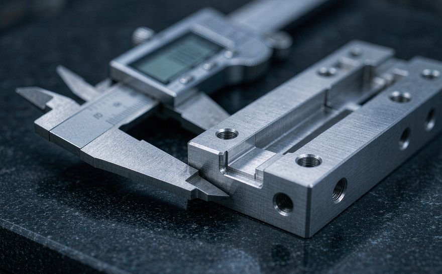 Digital caliper measuring a precision CNC machined aluminum part on a granite surface plate